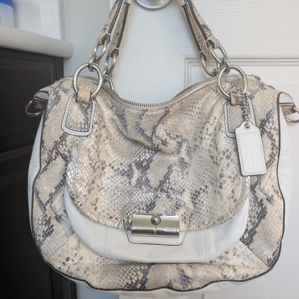 Coach Cream and Gray Shoulder Bag with Gold Accents